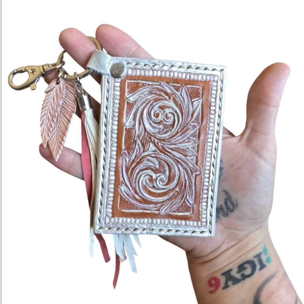 Artisan Handmade Western Southwest Leather Card Holder Floral Fringe Wallet